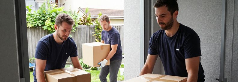 Déménageurs chargeant cartons et meubles protégés lors d'une période de transition entre deux logements en Suisse
