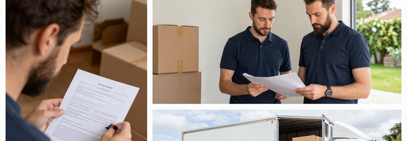 Trois étapes pour obtenir une offre de déménagement à Köniz : description du projet, consultation déménageur, chargement camion.
