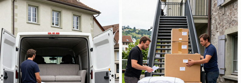 Tarifs Demenagement Berne Comparaison Offres Déménageurs bernois en action : chargement camion, présentation estimation client et appartement en cours de vidage