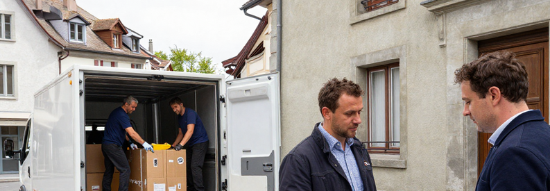Tarifs Demenagement Delemont Estimation Volume Distance Trois étapes illustrant les facteurs influençant les tarifs d'un déménagement à Delémont : volume, distance et services