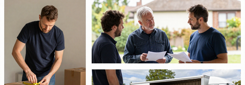 Trois étapes de comparaison tarifaire : évaluation volume logement, discussion estimation avec client, chargement camion professionnel à Emmen.