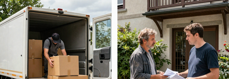 Déménageurs à Nyon estimant volume, chargeant camion et remettant documents à un client