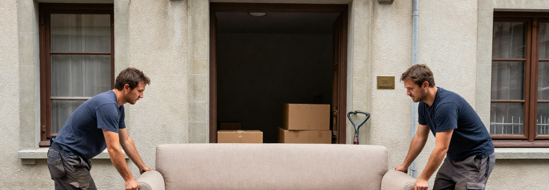 Déménageurs transportant un canapé dans un immeuble résidentiel à Dietikon, cartons empilés dans l'entrée